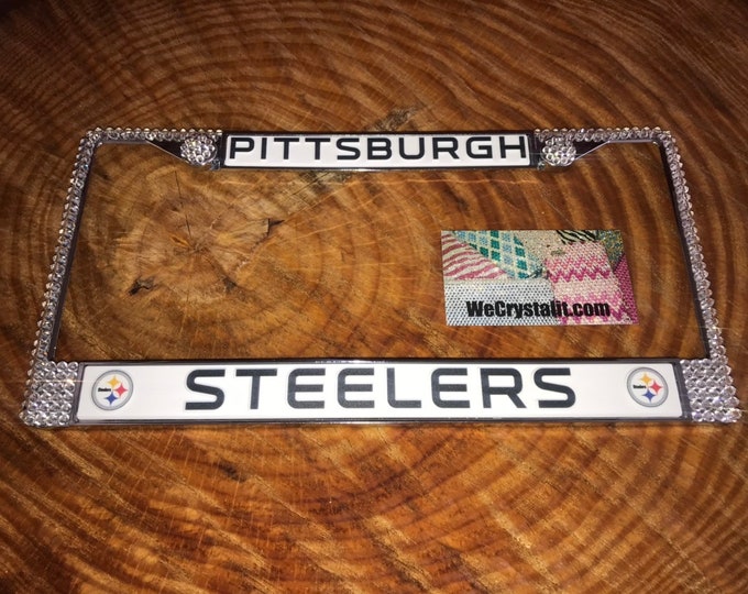 Pittsburgh Steelers Football License Crystal Sport on Silver Frame Sparkle Auto Bling Rhinestone Plate Frame with Swarovski Element