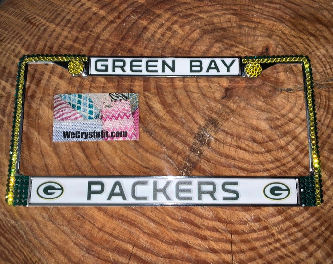 Green Bay Packers Football License Crystal Sport Silver Frame Sparkle Auto Bling Rhinestone Plate Frame with Swarovski Elements Made by WeCr