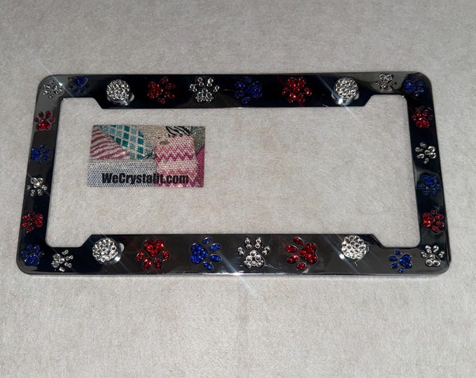 Dog Puppy Cat Paw Paws American Flag Crystal Sparkle Auto Bling Rhinestone License Plate Frame with Swarovski Elements Made by WeCrystalIt