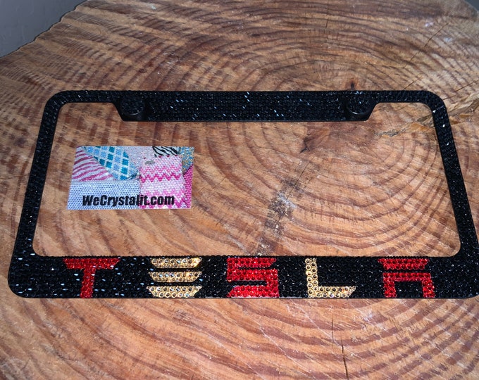 Tesla Black Red 49ers Crystal Sparkle Auto Bling Rhinestone  License Plate Frame made with Swarovski Elements Made by WeCrystalIt