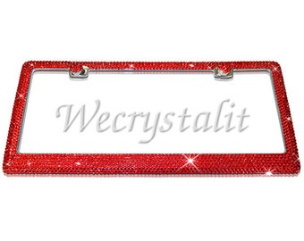 Light Siam Red Crystsls   on Silver Frame Crystal Auto Bling Rhinestone  License Plate Frame with Swarovski Elements Made by WeCrystalIt
