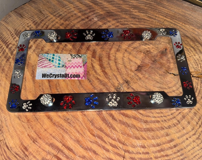 Dog Puppy Cat Paw Paws American Flag Crystal Sparkle Auto Bling Rhinestone License Plate Frame with Swarovski Elements Made by WeCrystalIt