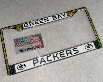 Green Bay Packers Football License Crystal Sport Silver Frame Sparkle Auto Bling Rhinestone Plate Frame with Swarovski Elements Made by WeCr
