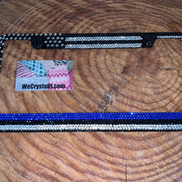 Thin blue line Flag Crystal Sparkle Auto Bling Rhinestone License Plate Frame with Swarovski Elements Made by WeCrystalIt