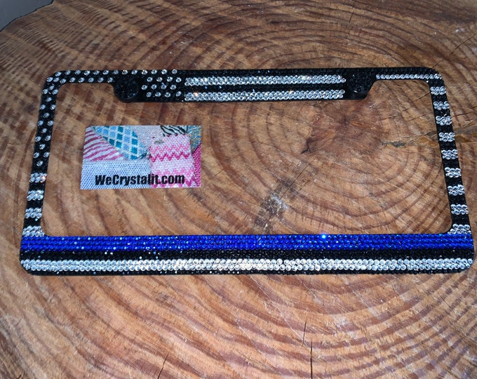 Thin blue line Flag Crystal Sparkle Auto Bling Rhinestone License Plate Frame with Swarovski Elements Made by WeCrystalIt