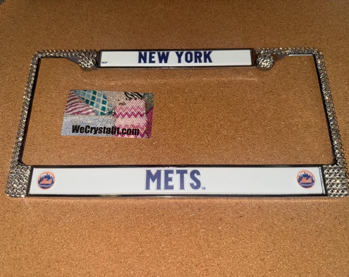 Mets License Crystal New York Sport on Silver Frame Sparkle Auto Bling Rhinestone Plate Frame with Swarovski Elements Made by WeCrystalIt
