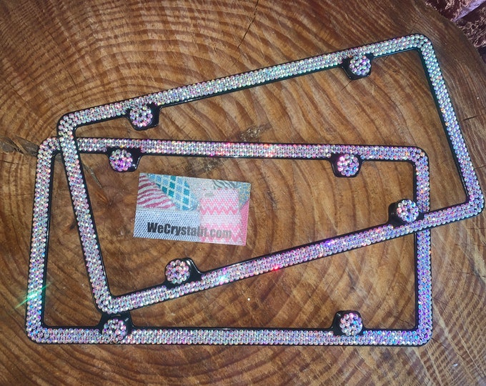 Set 2 AB Effect on Black Frame 3 Row Crystal Sparkle Auto Bling Rhinestone License Plate Frame with Swarovski Elements Made by WeCrystalIt