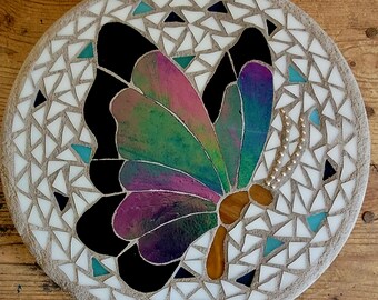 Blue iridescent butterly garden art mosaic