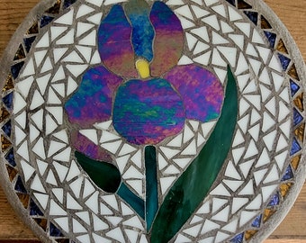 Purple Iris mosaic garden stone