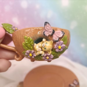 Handmade Ceramic Kitten Espresso Cup and Saucer, Playful Cat & Butterfly Pottery Gift, Unique Nature Inspired Espresso Set