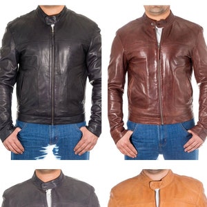 Mens Classic Stud Button Tab Collar Slim Fit Leather Jacket. Available ...