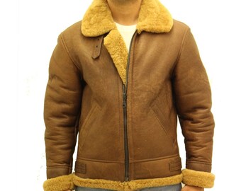Mens Camel Brown Aviator B3 Pilot / Flying Shearling Sheepskin Winter Jacket