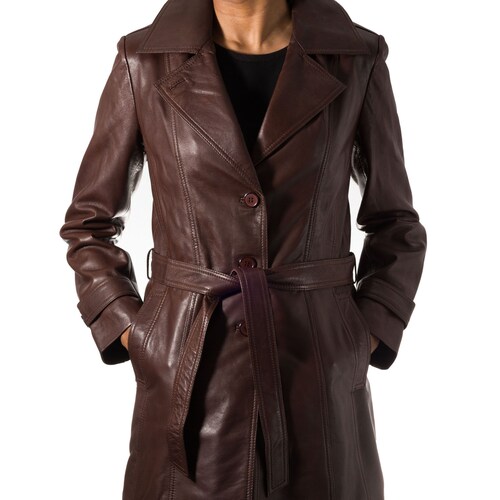 Womens Real Leather Classic Trench Coat With Belt Tie and Back - Etsy