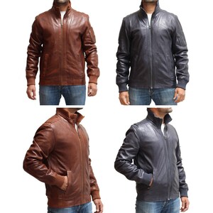 Mens Real Leather Bomber Sleeve Pocket Jacket. Available in Blue and ...