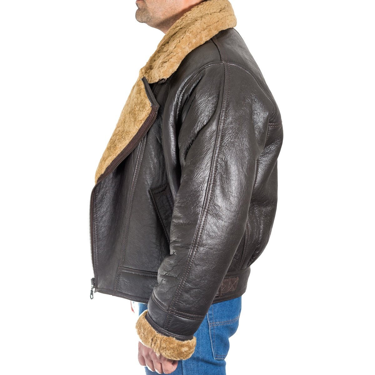 Mens Brown Sheepskin Cross Zip American Bomber Pilot Biker - Etsy UK