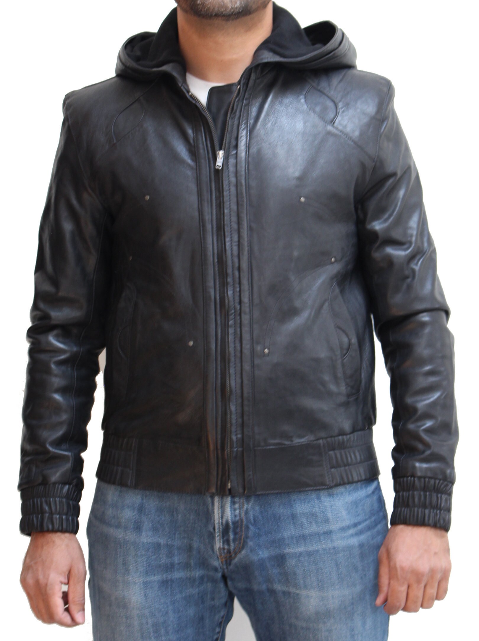 Image of Mens Leather Hooded Urban Street Wear Style Jacket. Available in Black & Olivewood Brown