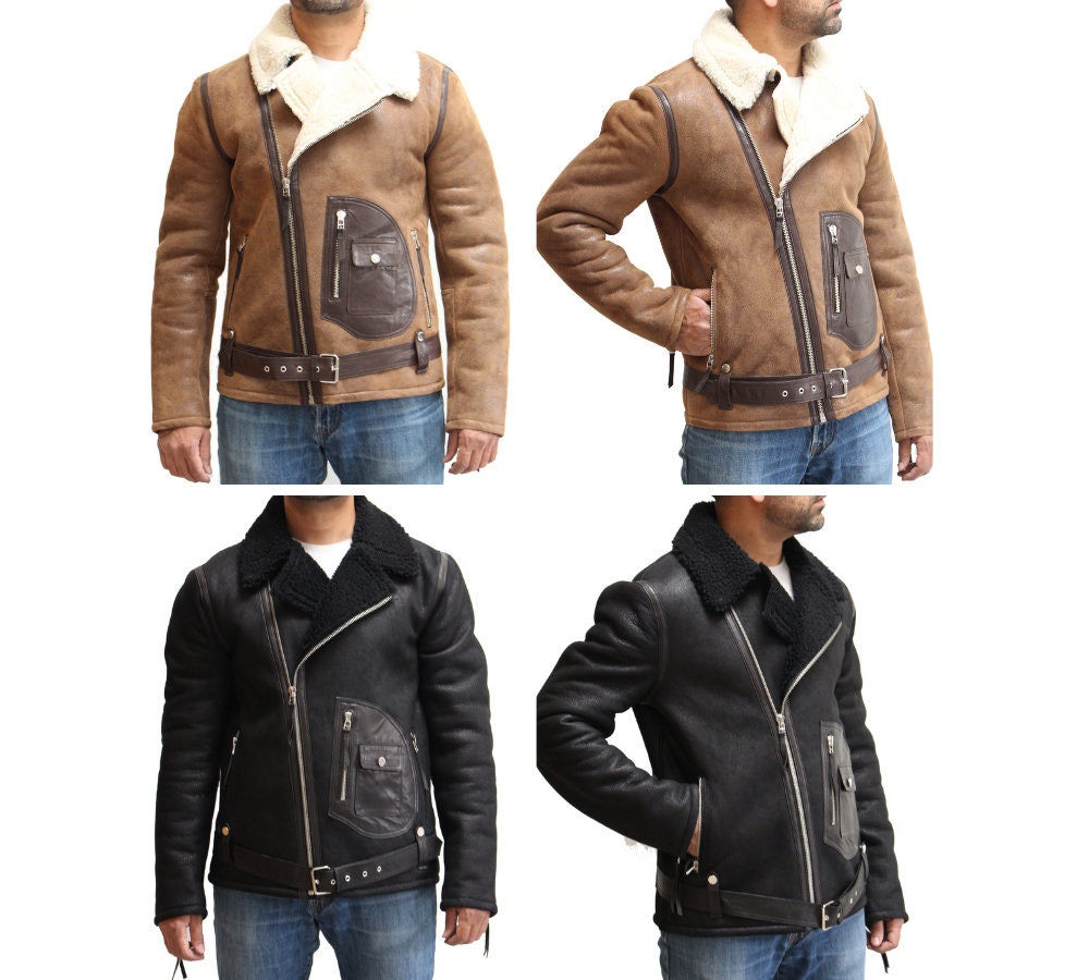 Image of Mens Sheepskin Cross Zip Biker Jacket With Unique Patch Pocket Design & Waist Belt. Available in Black Tan