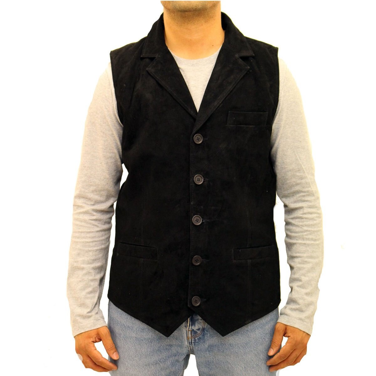 Image of A Suede Smart Shirt Collar Five Button Leather Fitted Waistcoat /Gilet