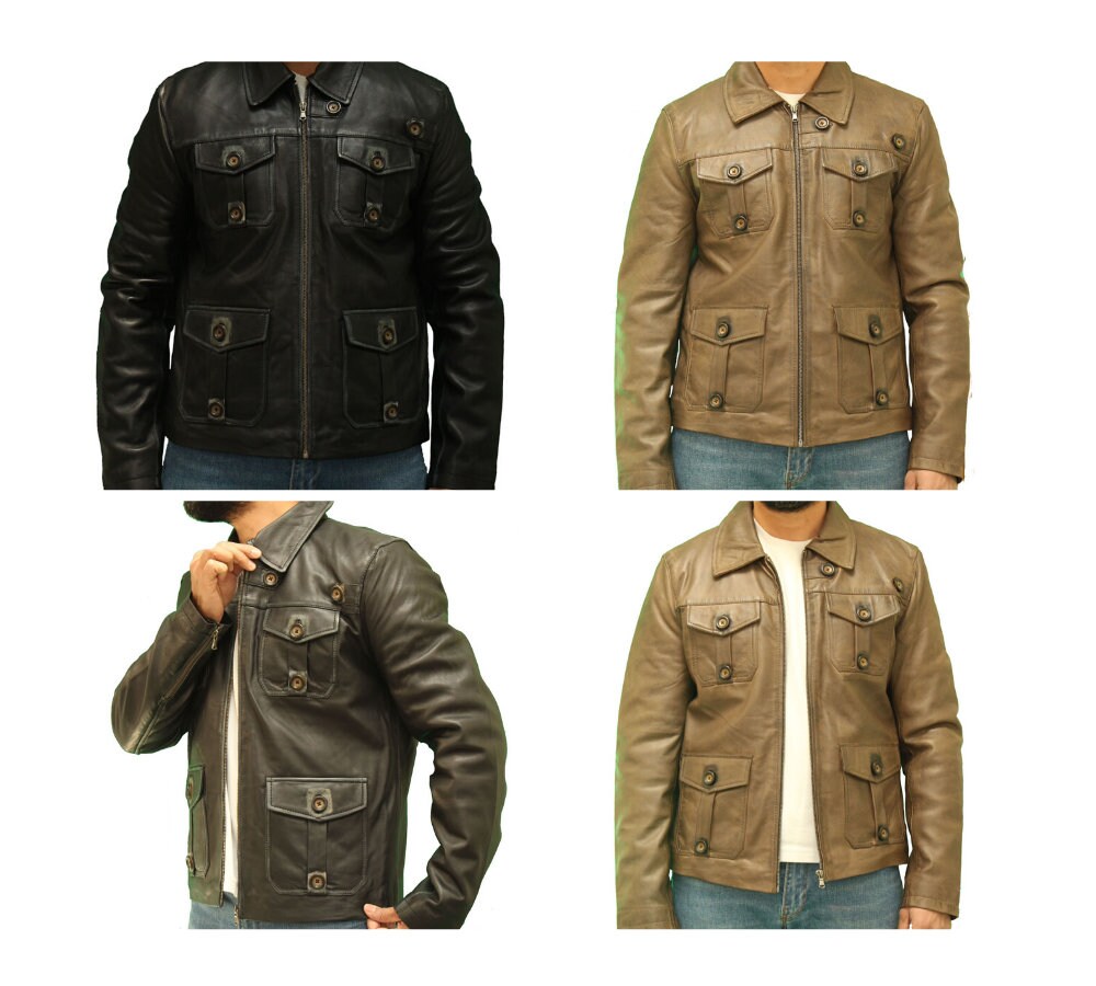 Image of Men's Vintage Style Leather Safari Hunter Jacket, With Smart Shirt Collar