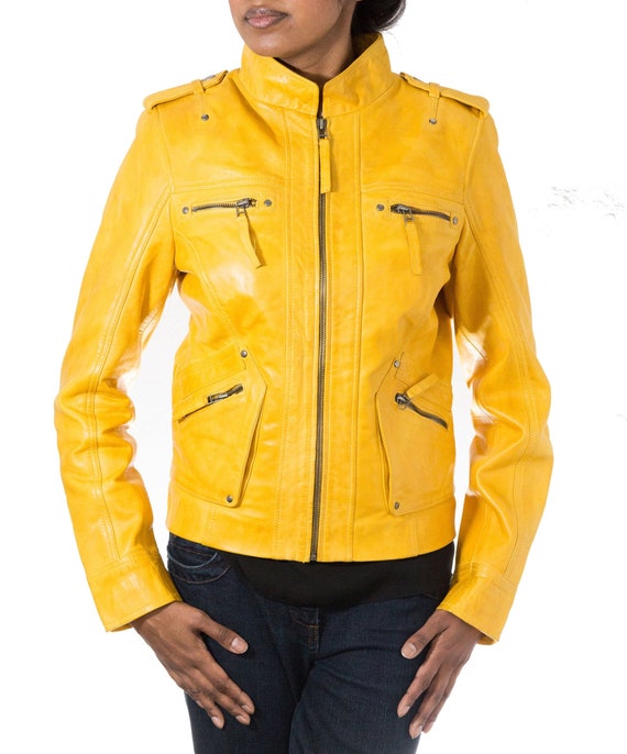 Yellow Vintage Leather Fitted Biker 