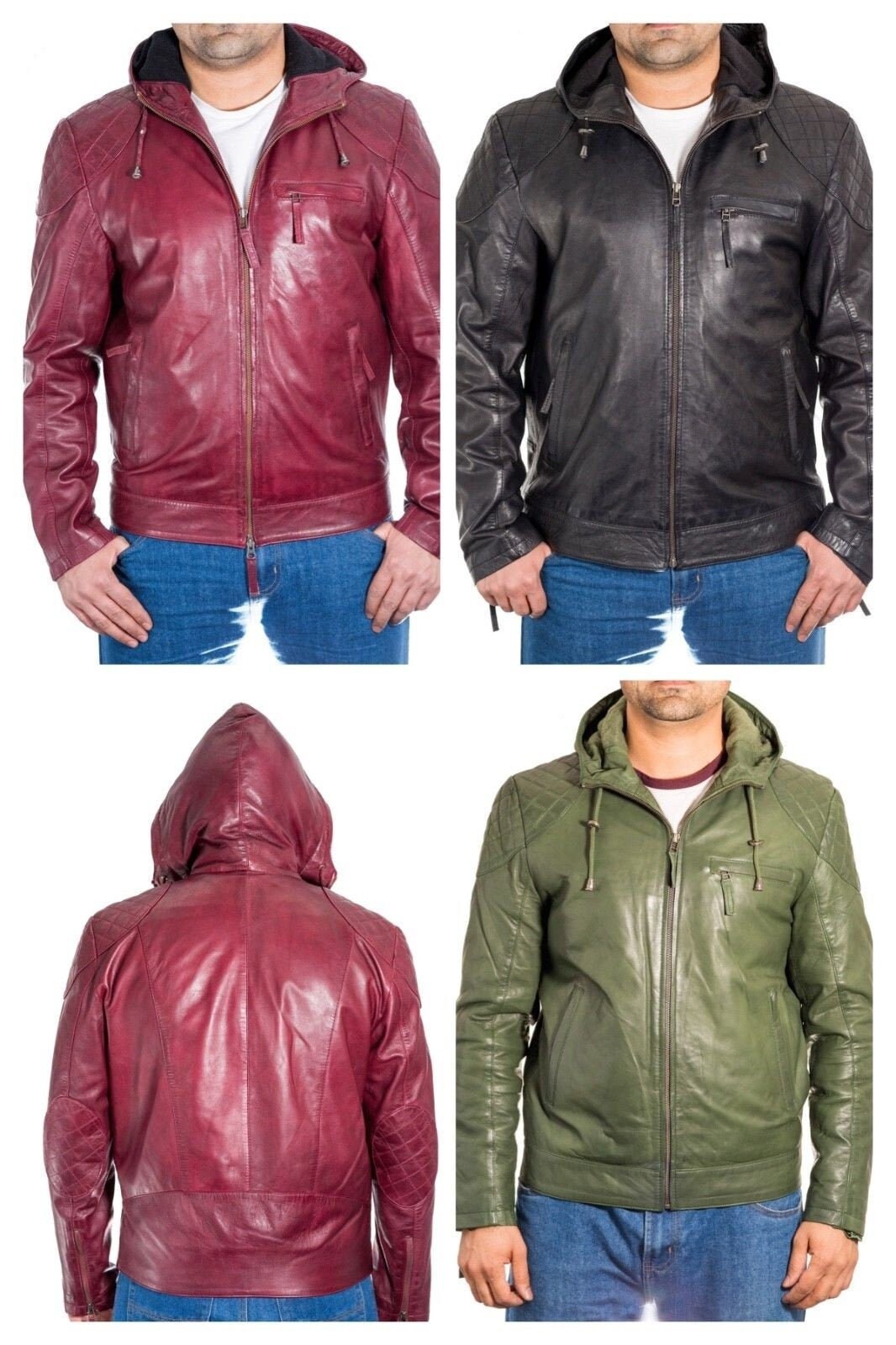 Image of Mens Urban Streetwear Hooded Leather Jacket With Shoulder & Elbow Patch Diamond Quilting. Available in Black, Burgundy Green