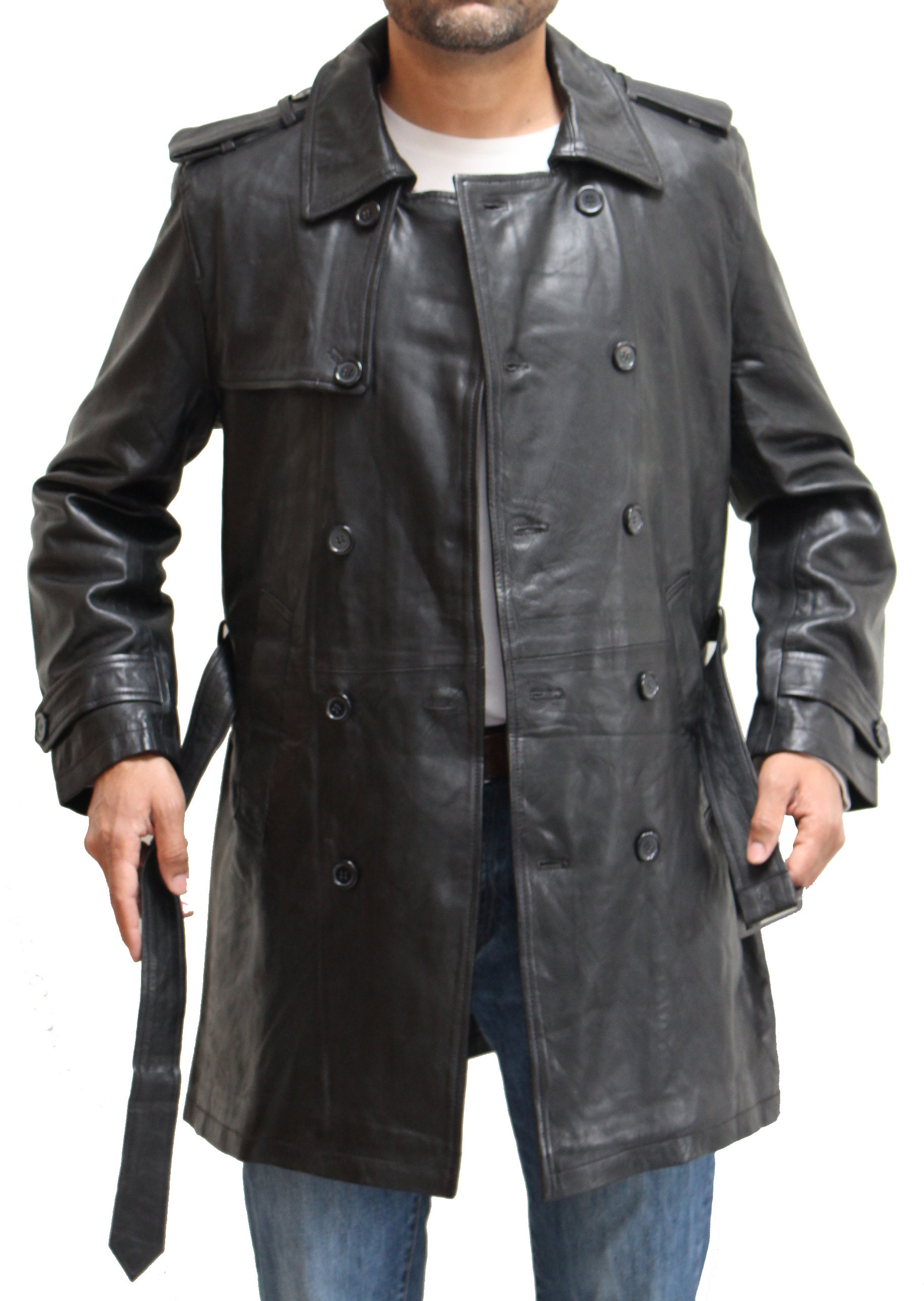 Mens Double Breasted Maxi Real Leather Black Trench Coat With Belt ...