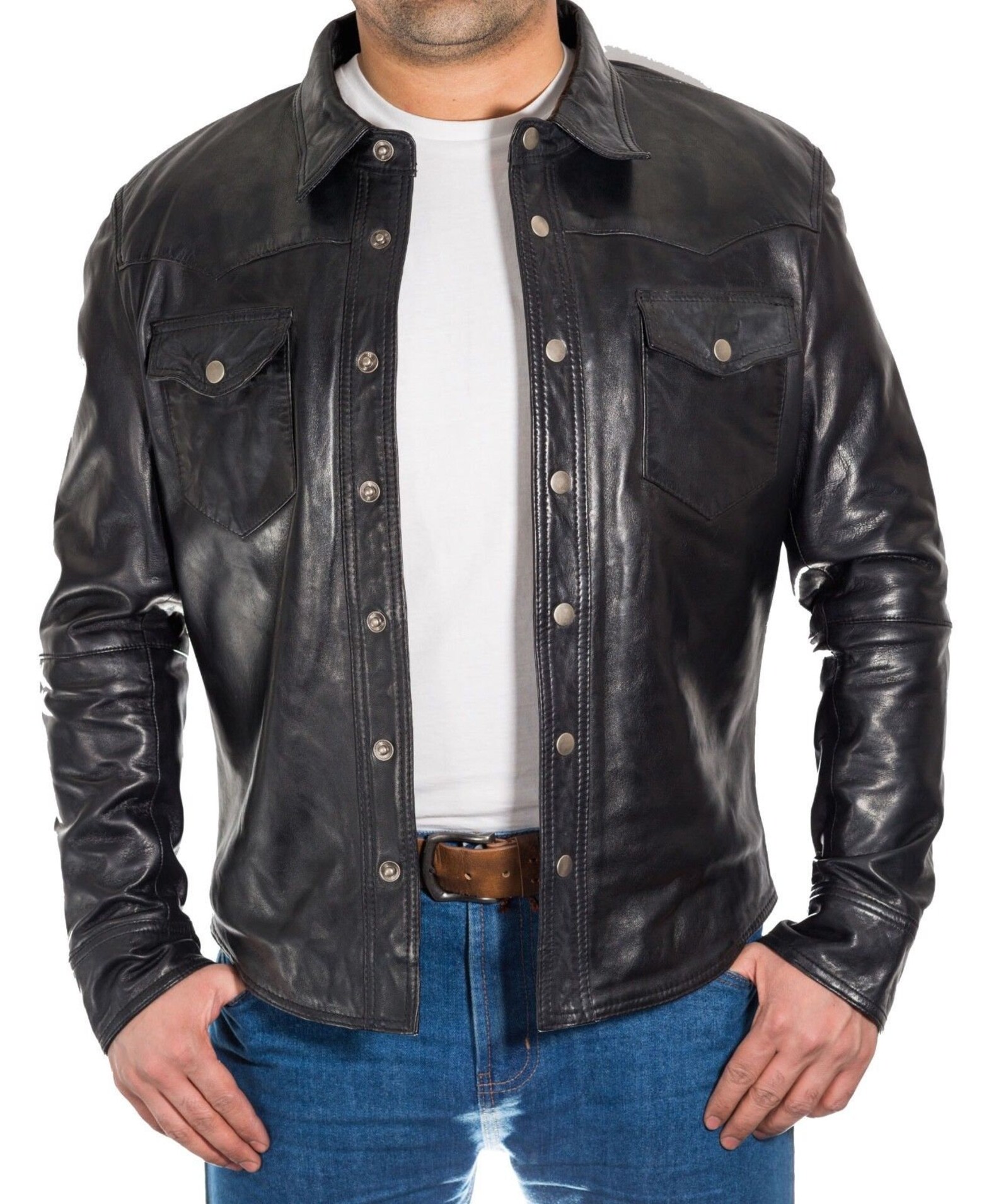 Men's Dream Apparel Leather Shirt With Denim Look – Motorcycle Style, Blue, S-6XL