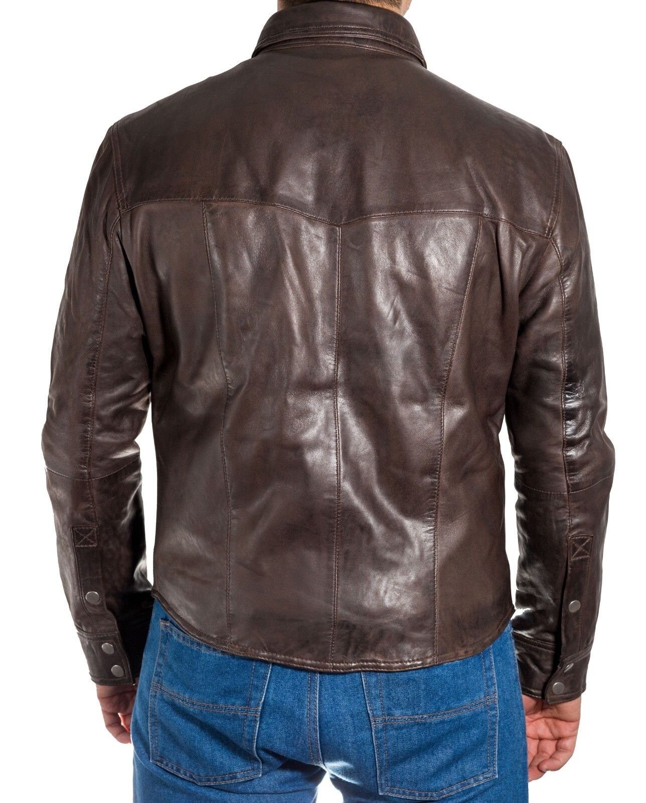 Mens Dark Brown Real Leather Denim Shirt Style Trucker Jacket - Etsy UK