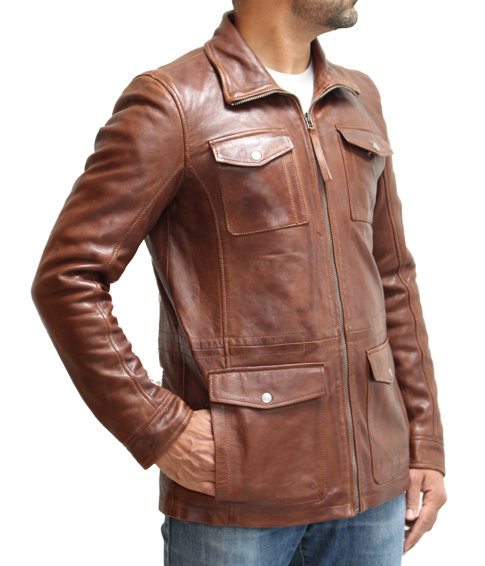 Image of Mens Real Leather Safari Style Cognac/Tan Coloured Coat