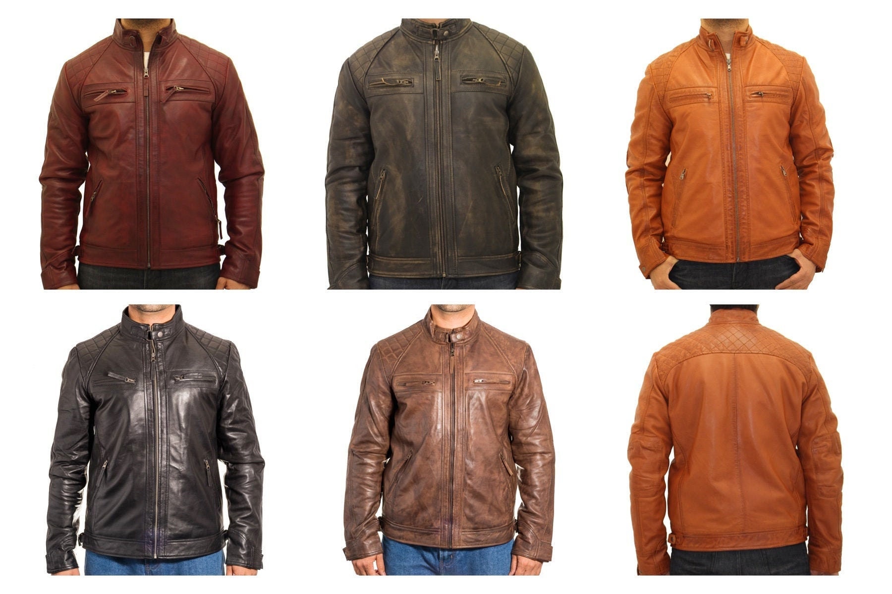 Image of Mens Vintage Leather Quilted Smart Fitted Retro Style Biker Jacket