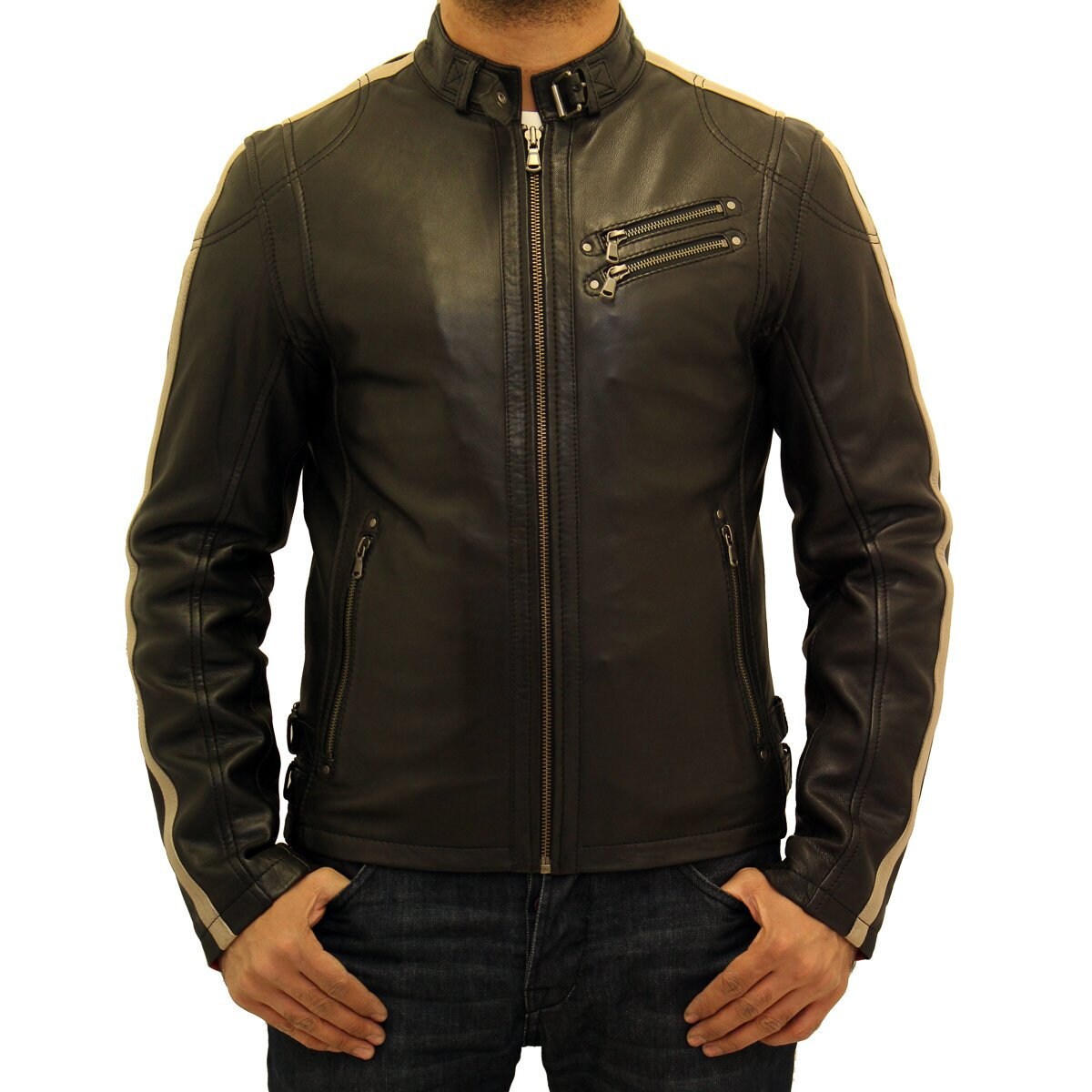 Image of Mens Leather Biker Jacket With Racing Stripes in Red & Cream