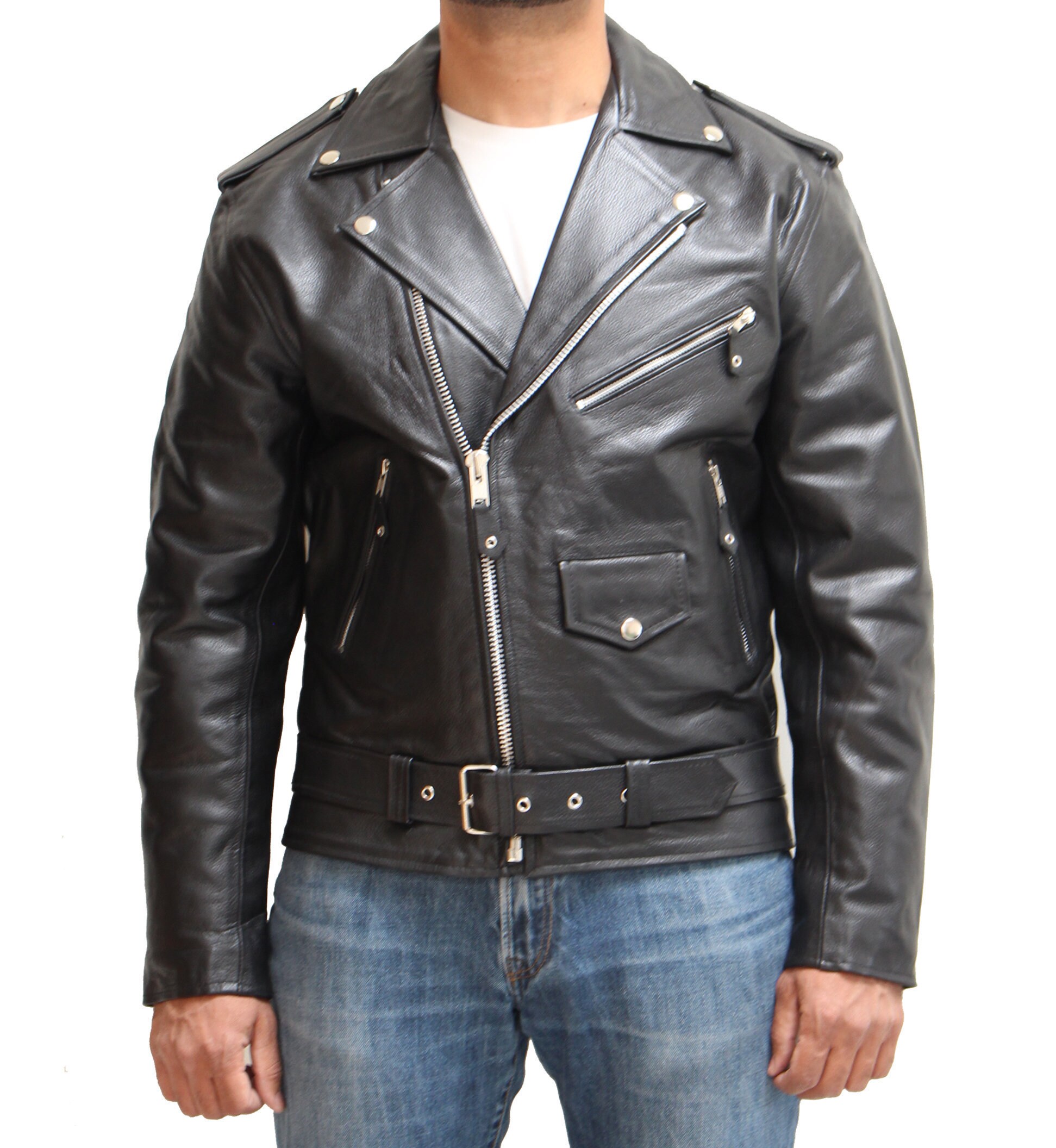 Image of Mens Real Cowhide Leather Fringe Stylbrando Biker Style Classic Jacket