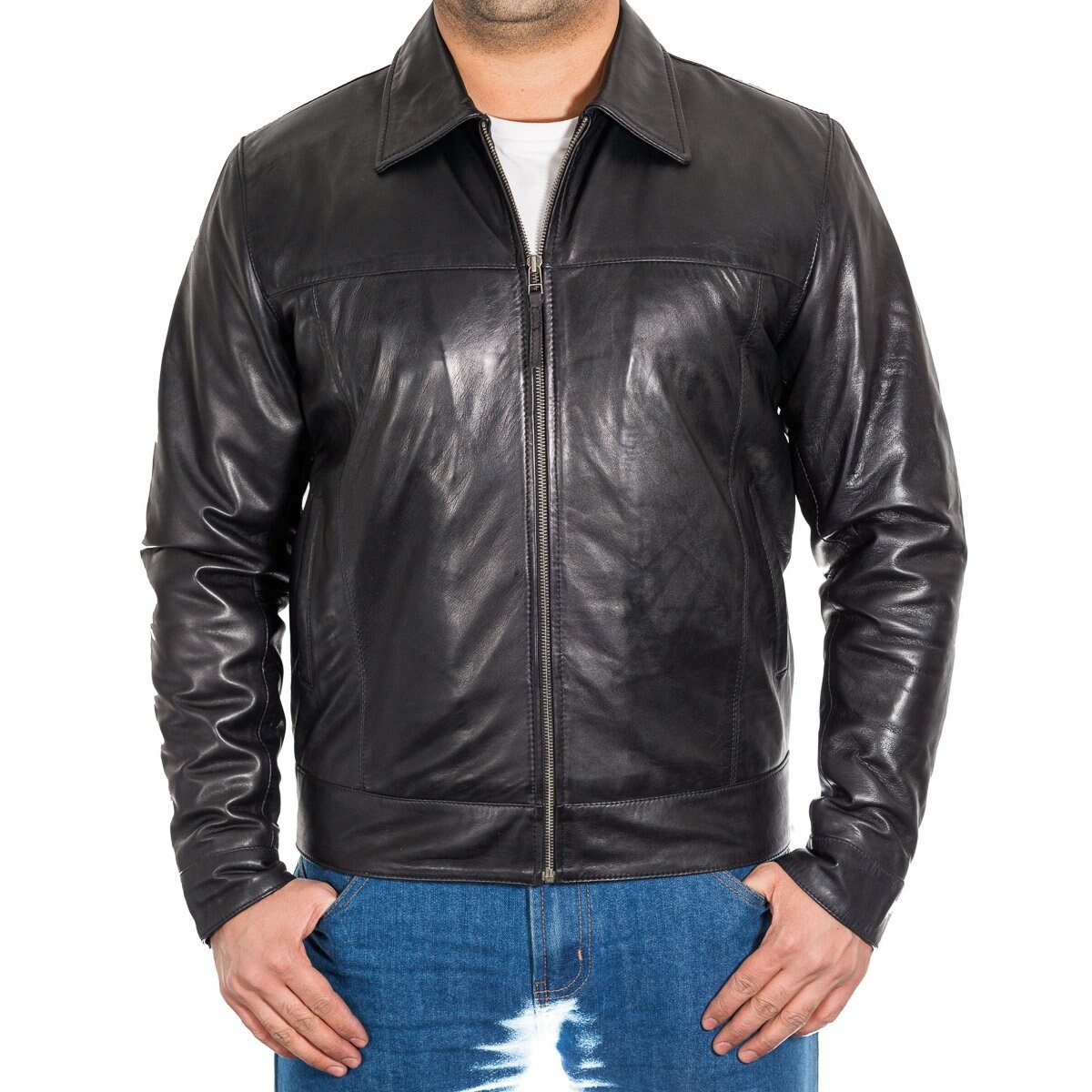 Image of Mens Leather Fitted Jacket With Shirt Collar & Zip Fastening