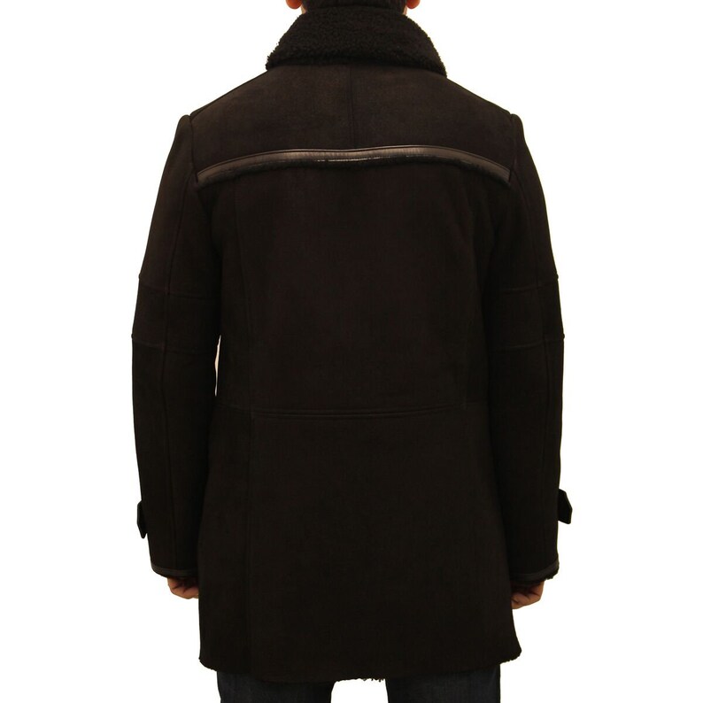 Mens Black Shearling Sheepskin Double Breasted, Big Collar Trench Coat