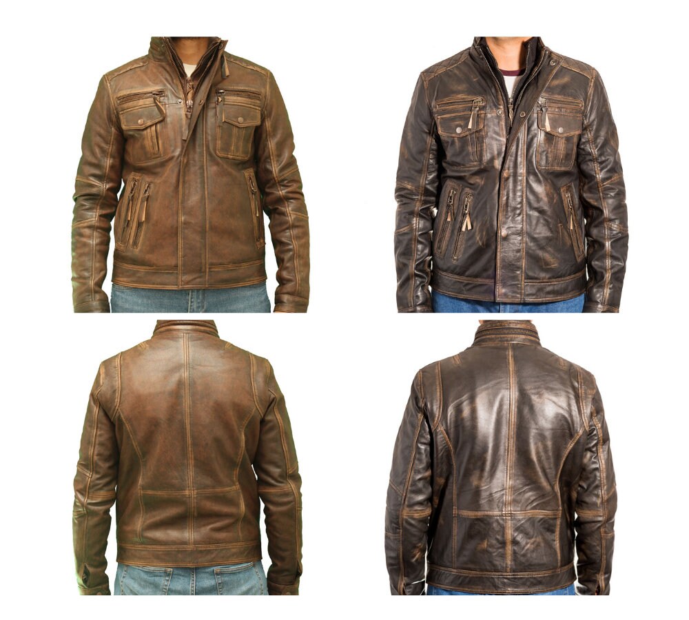 Image of Mens Quilted Real Leather Vintage/Distressed Rub Off Style Jacket With Double Collar. Available in Black & Brown