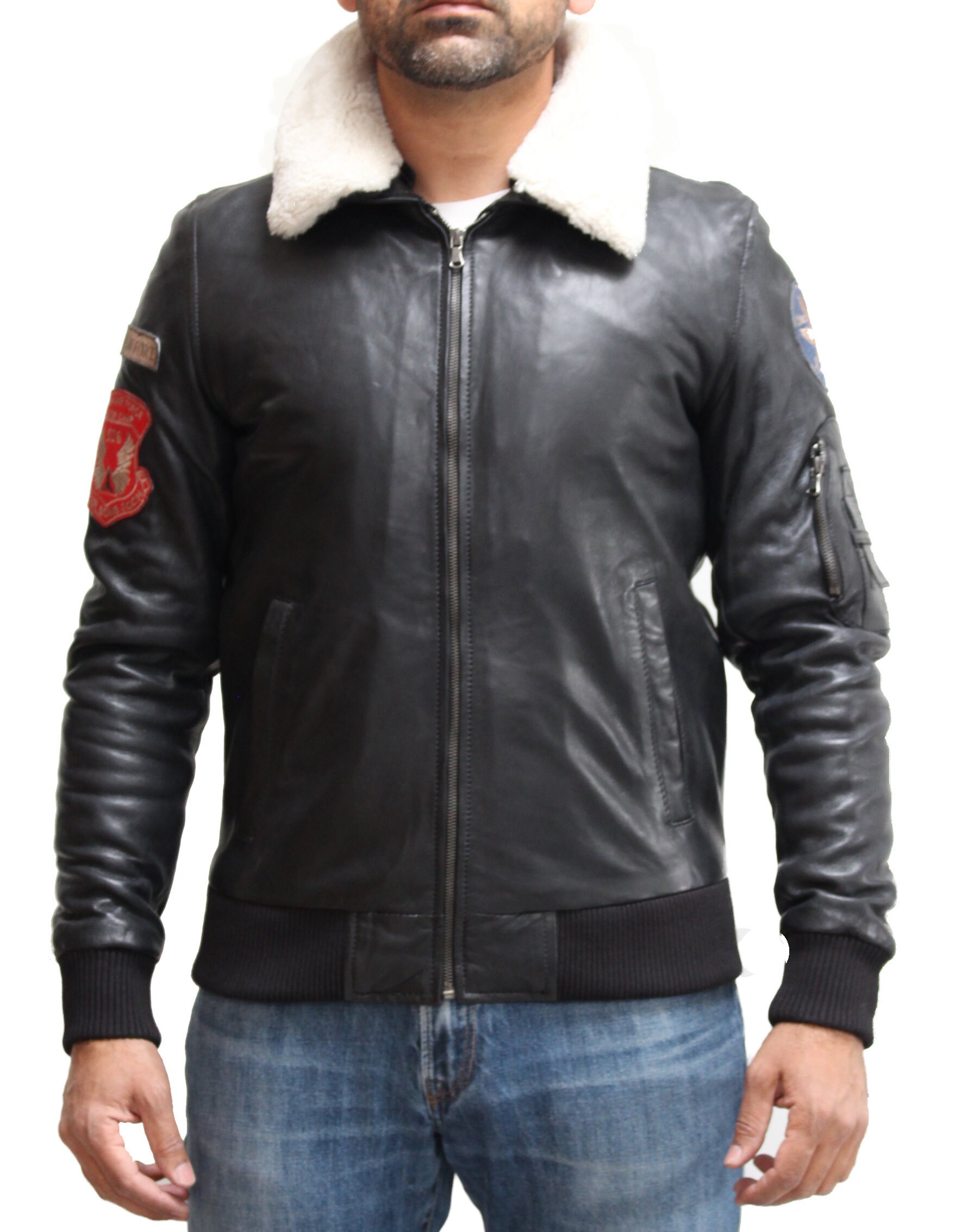 Image of Mens Black Bomber Style Cream Sheepskin Collar Jacket With Sleeve Pocket