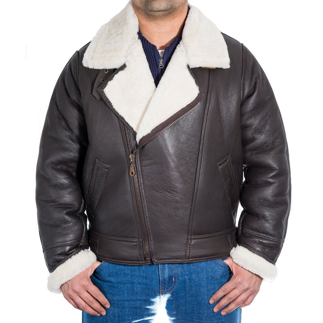 Mens Brown Sheepskin Cross Zip American Bomber Pilot Biker - Etsy