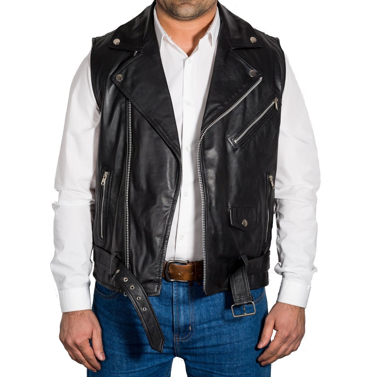 Image of Mens Classic Brando Biker Style Real Leather Fitted Jacket With Waist Belt