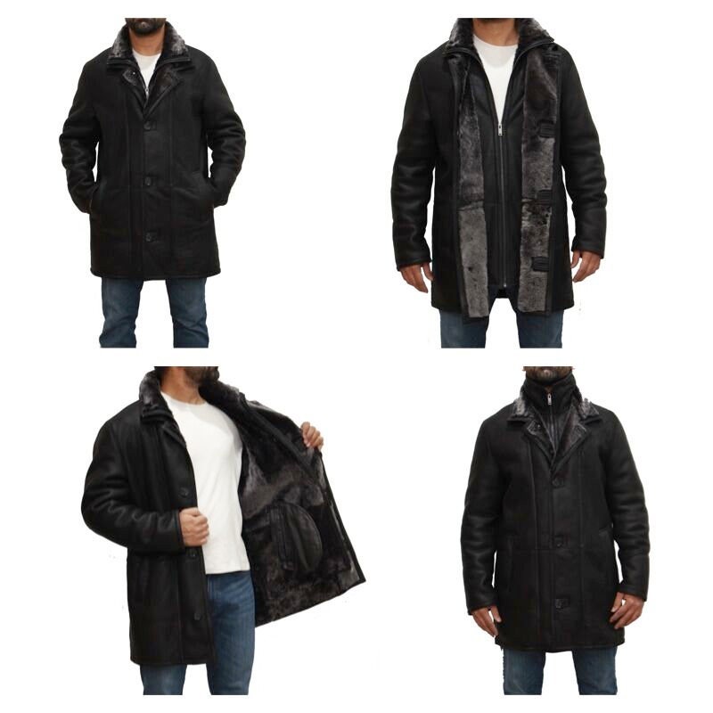 Image of Mens Black Coat With Silver Sheepskin & Double Collar Trench Coat