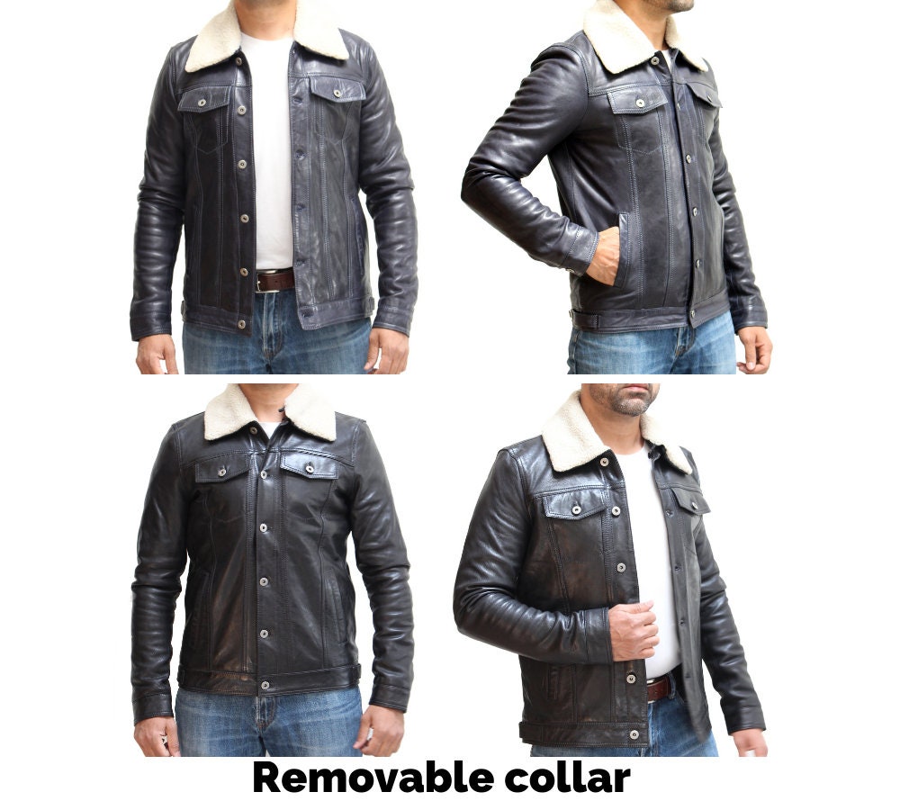 Image of Mens Sheepskin Collar Denim Style Western Trucker Leather Jacket. Available in Black & Navy