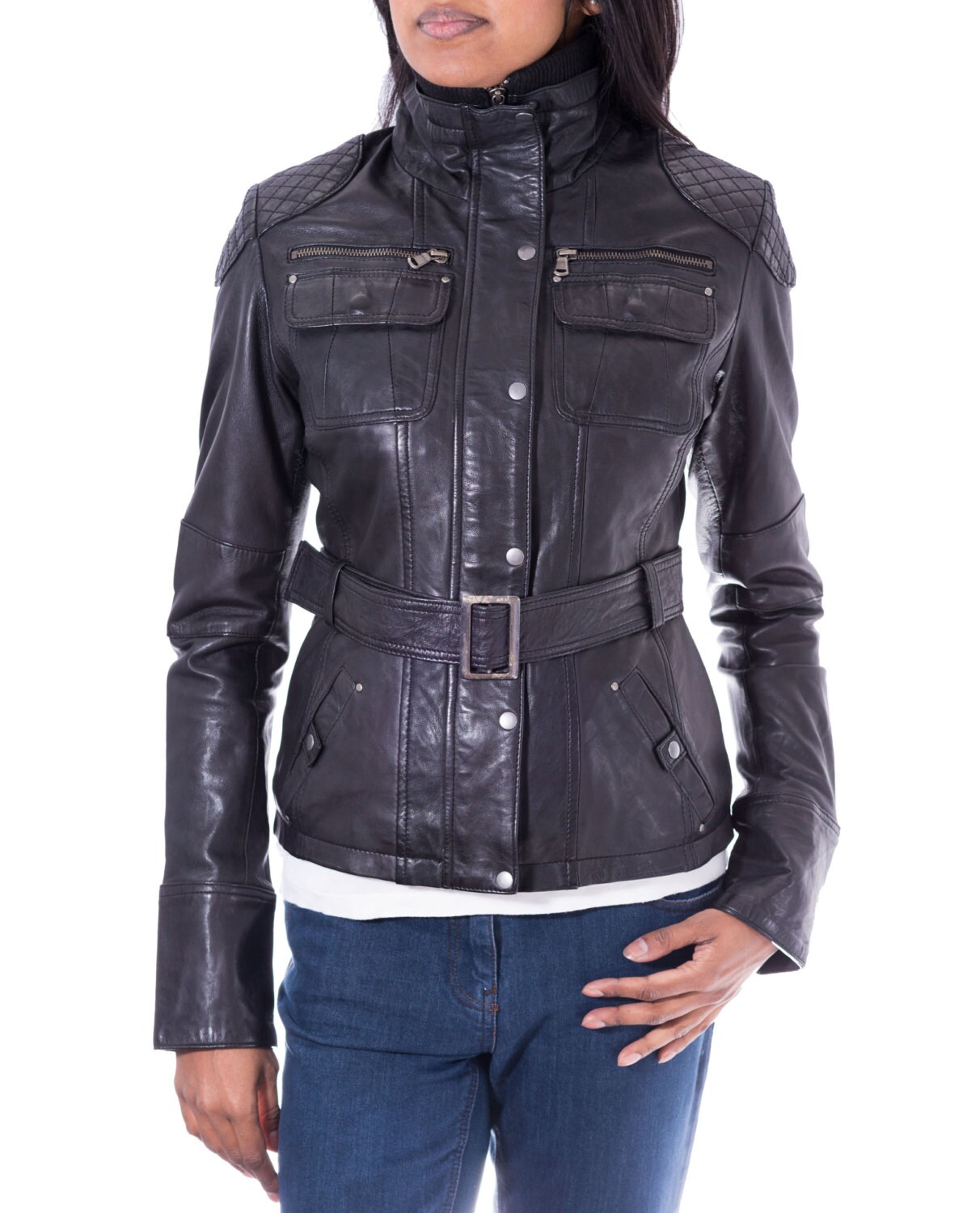 Image of Black Ladies Quilted Large Collar Bomber Real Soft Lamb Skin Leather Jacket
