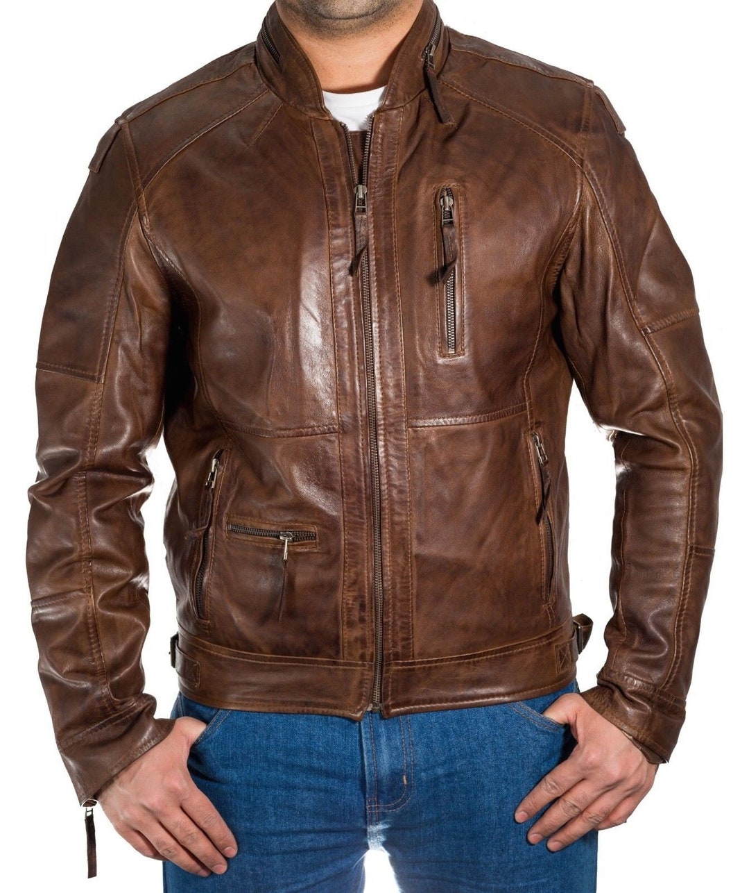 Mens Vintage Dark Brown Soft Waxed Leather Biker Jacket With - Etsy UK