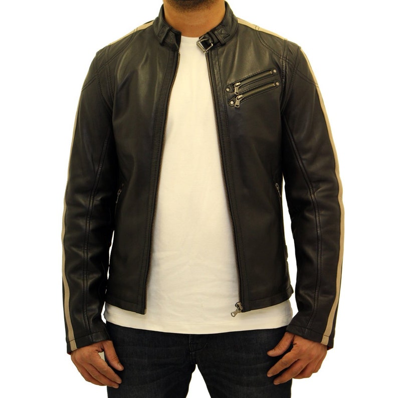Mens Leather Biker Jacket With Racing Stripes in Red and Cream Down the