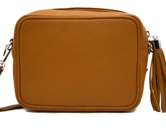 Italian Leather Crossbody Bag: Compact Camera Bag with Tassel