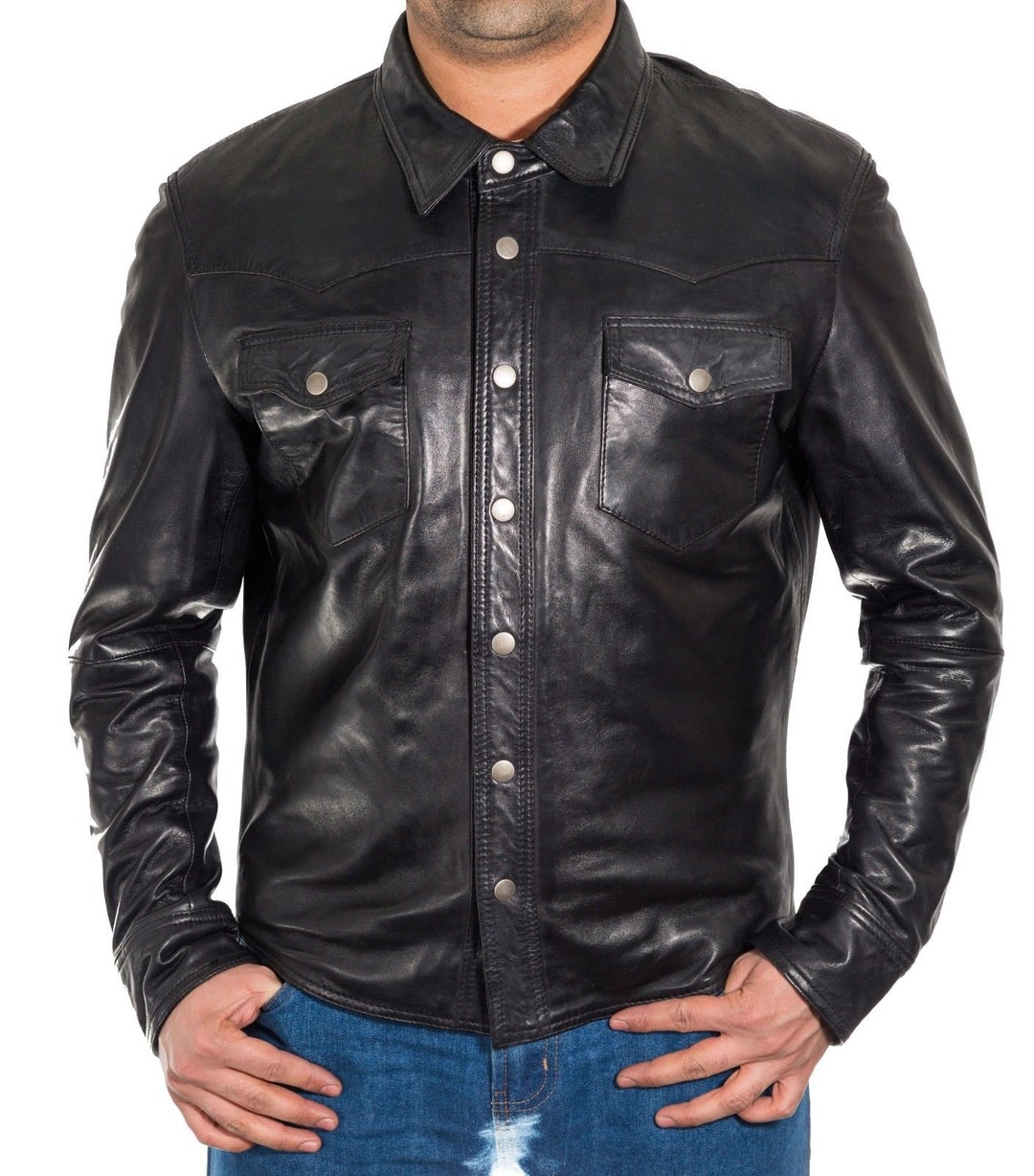 Mens Real Leather Smart Denim Shirt Style Trucker Jacket With Etsy