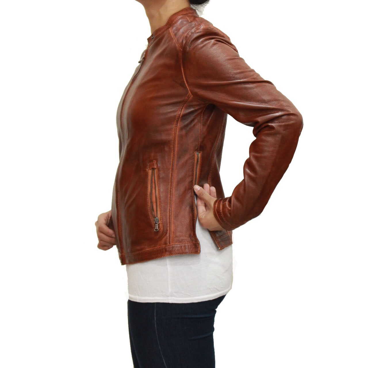 Womens Tan Biker Jacket With Adjustable Waist Zipper Etsy UK