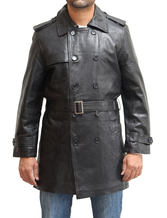 Mens Double Breasted Maxi Real Leather Black Trench Coat With - Etsy UK