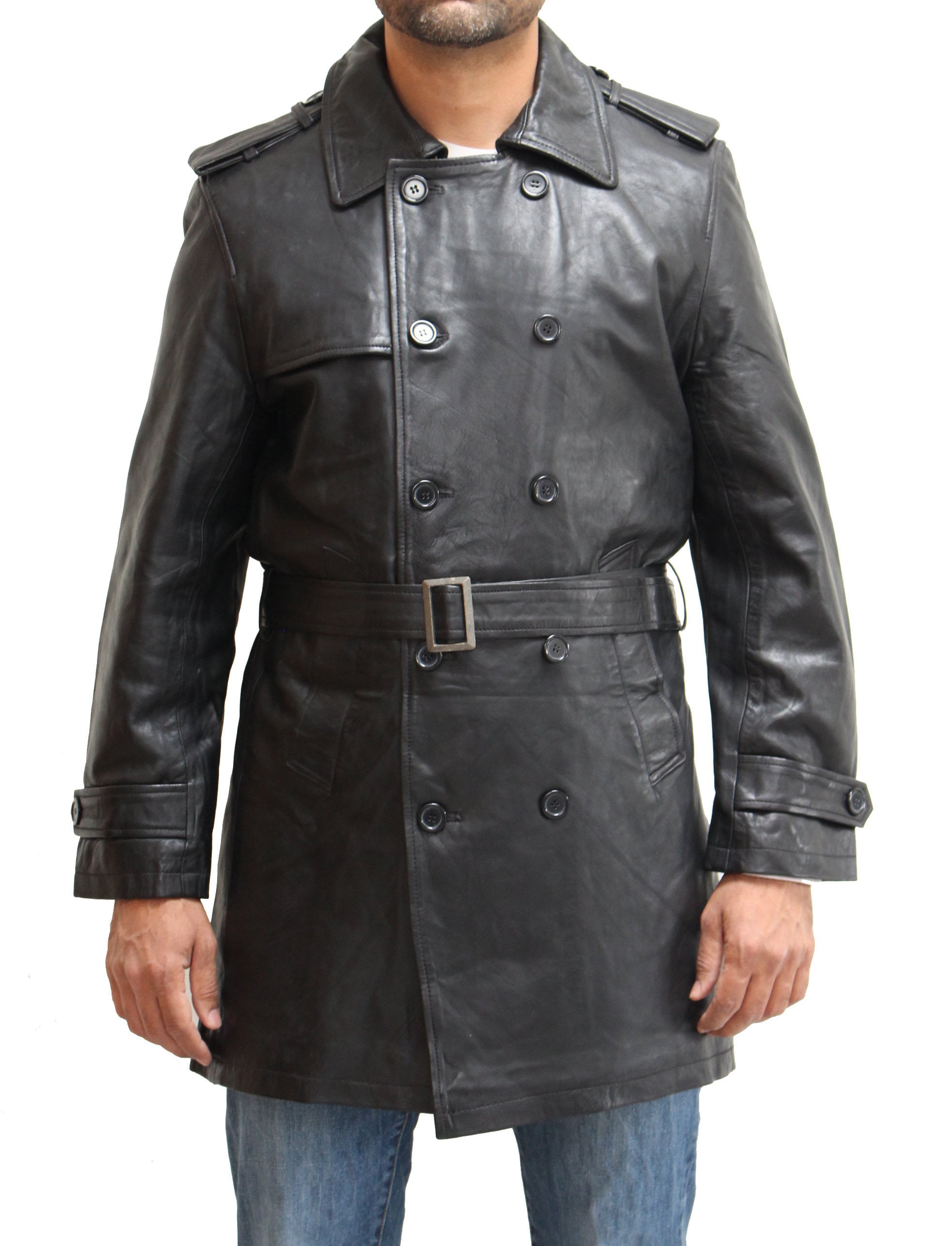Mens Double Breasted Maxi Real Leather Black Trench Coat With - Etsy