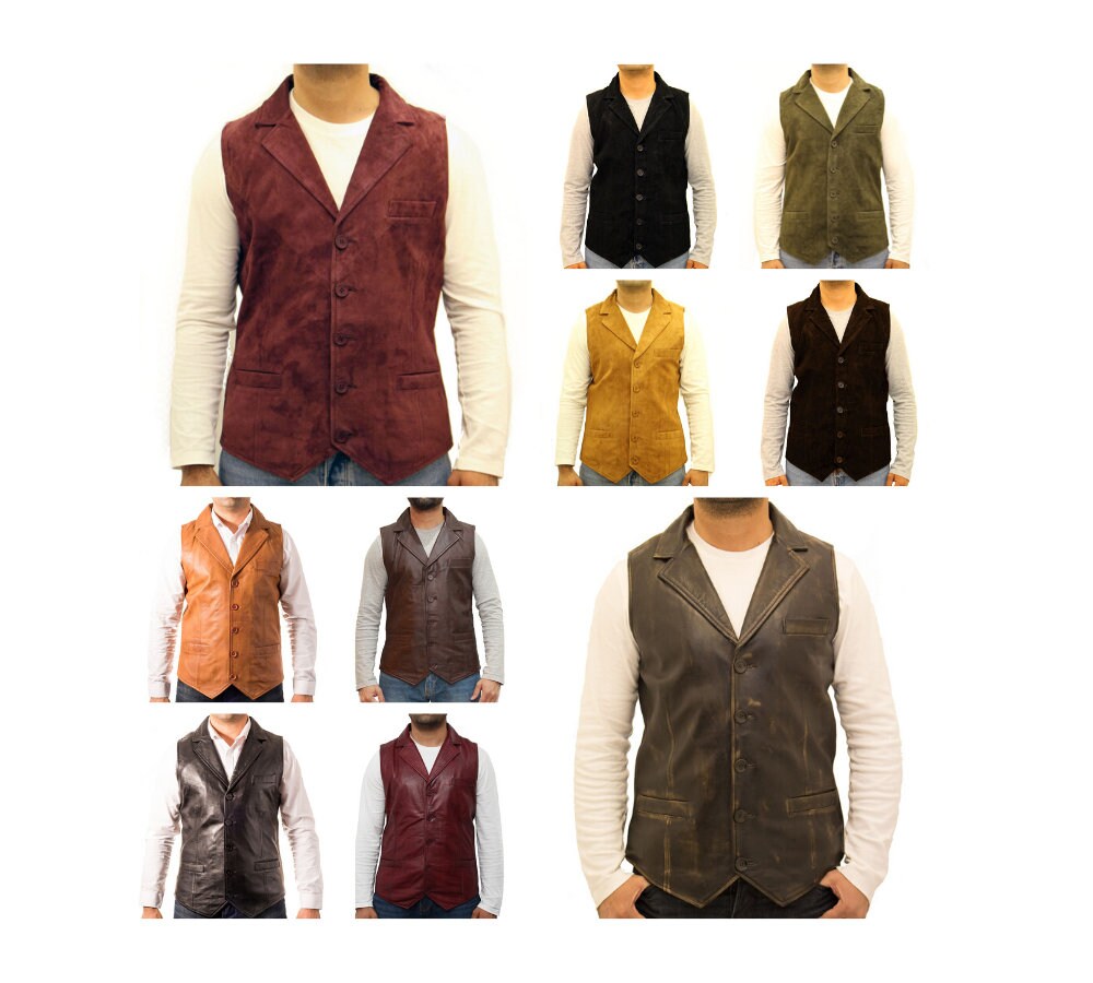 Image of A Smart Shirt Collar Five Button Leather Fitted Waistcoat/Gilet