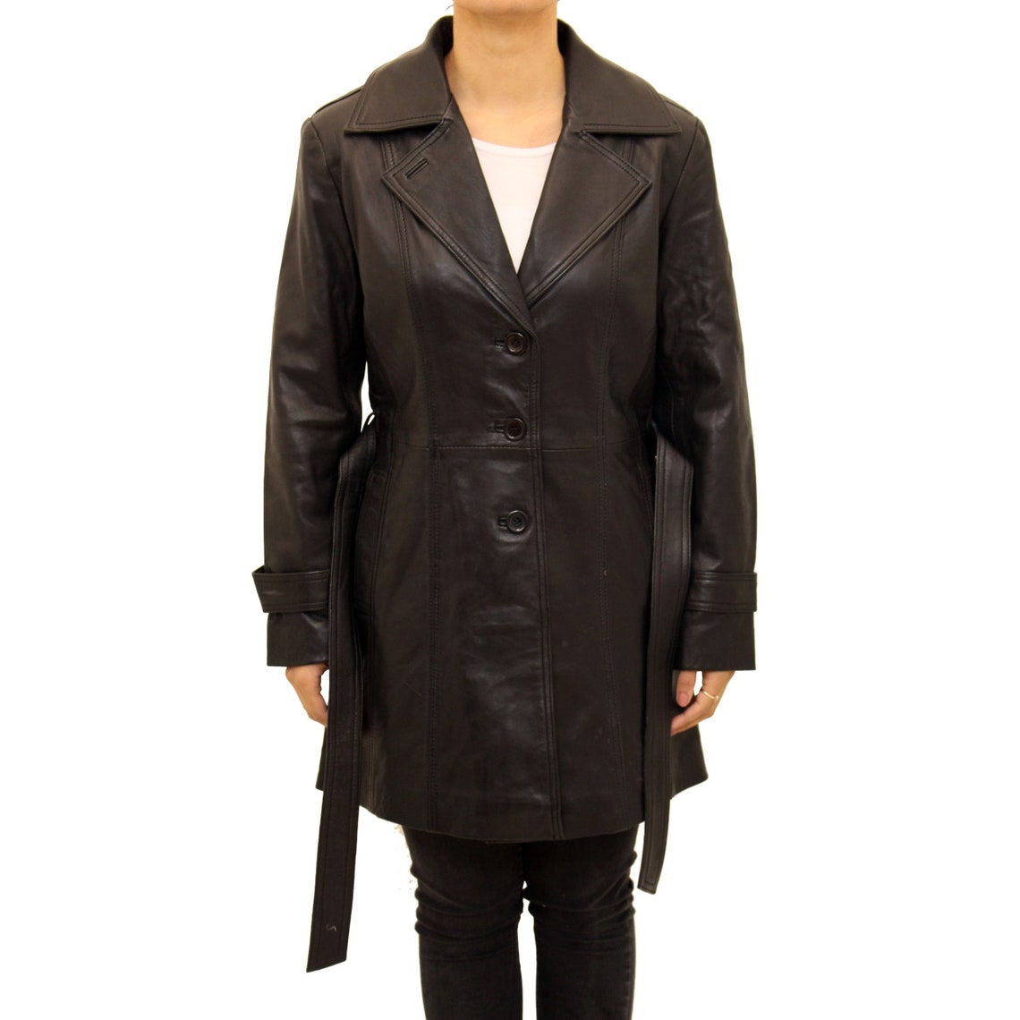 Womens Real Leather Classic Trench Coat With Belt Tie and Back Vent. - Etsy